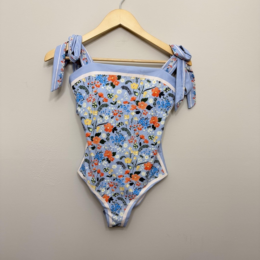 One Piece Swimsuit Womens Small Blue Floral Reversible Tie Strap Bathing Suit